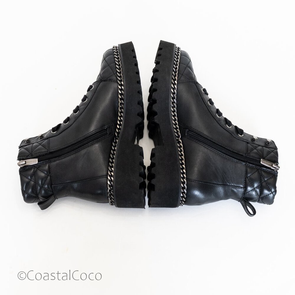 Vince Camuto Merindil Leather Combat Boots 8.5 Black Quilted Metal Chain Chunky - Picture 6 of 13